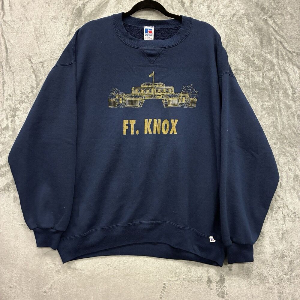 Men's XXL Russell Athletic High Cotton Crewneck Sweatshirt Blue Ft Knox Graphic